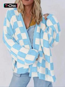 women's colorblock plaid loose-fit sweater cardigan, soft comfortable fashion knitwear, retro style long sleeve pullover coat