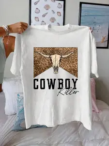 Fashion Western Country T-shirt | Longhorn Leopard Graphic "Cowboy Killer" Summer T-shirt, # Cowboy Killer T-shirt # Western Pattern T-shirt # Loose T-shirt # Longhorn Leopard # Cowboy Style # Rural West # # Summer Casual Top
