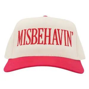 Misbehavin’ Embroidery Snapback Hat, Country Bold Charm Trucker Style Hat, Embroidered Snapback Hats, Classic Khaki and Black Trucker Hat, Wife Humor Couple Cap, Casual Black and White Hat, Funny Gift for Bold Girls and Cowboys