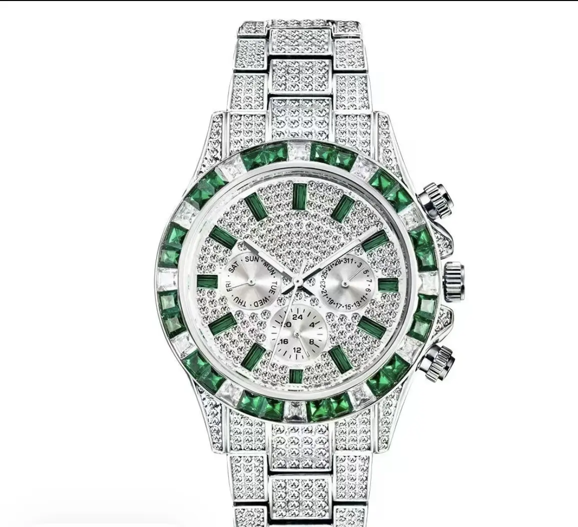 Unisex Fully Diamond-Set Green Diamond Bezel Quartz Chronograph Wristwatch, Shiny Hip Fashion Watch for Parties, Clubs