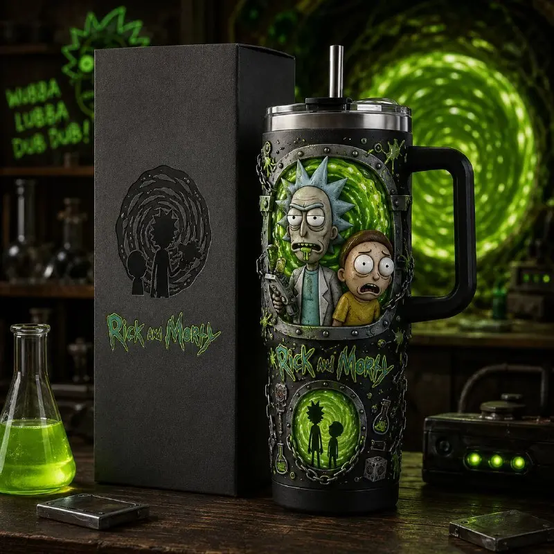 Rick and Morty Graphic Retro Large 40oz Stainless Steel Tumbler with Handle & Straw, Double Wall Insulated Travel Mug, Sci-Fi Cartoon Drinkware, Collector Cup for Traveling Fans