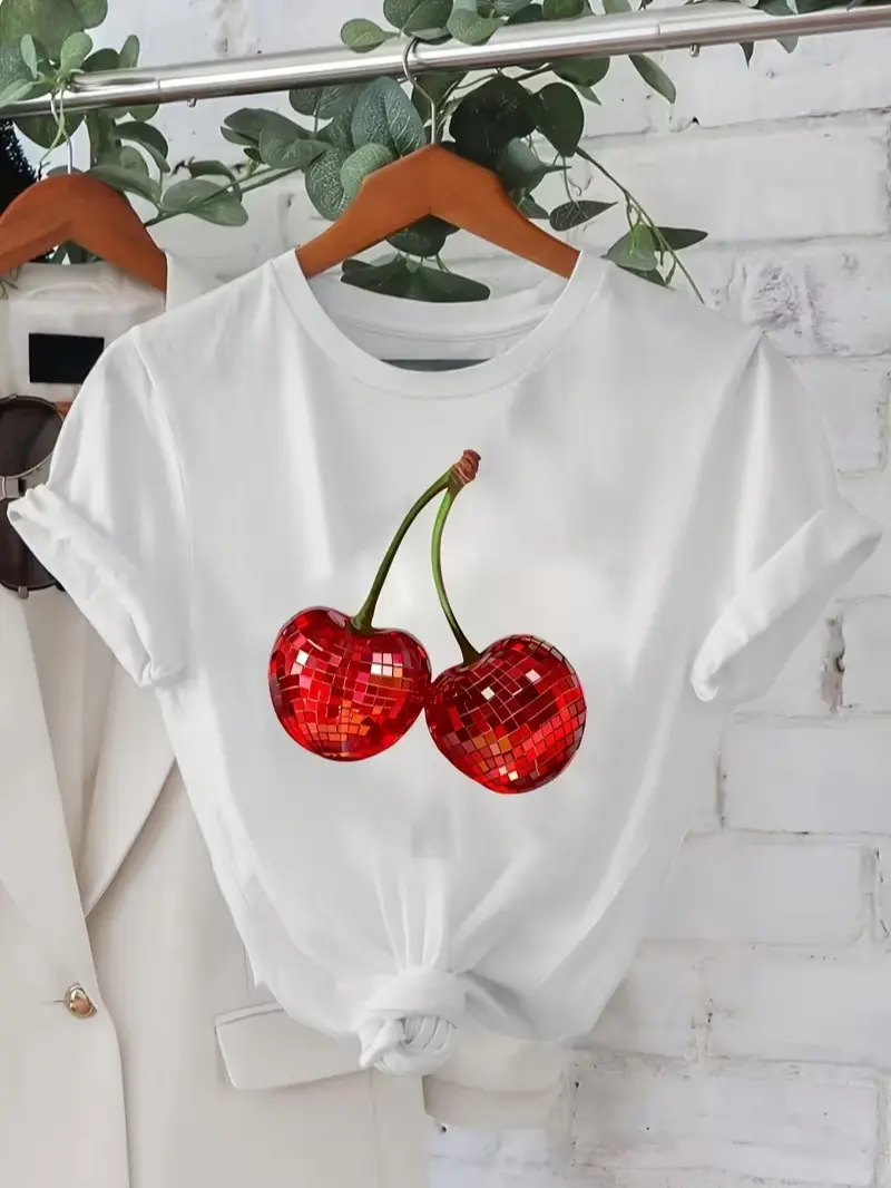 Cherry Print Short Sleeve Round Neck Athletic T-Shirt Women'S Top
