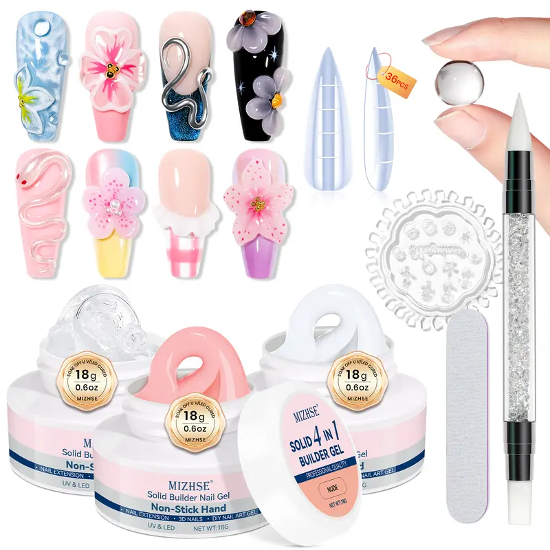 MIZHSE 4-in-1 Solid Resin Builder UV Light Gel Nail Care Kit - 0.60 oz Each 18g Long-Lasting Formula with Dual Forms, Silicone Pen, 36 Nail Forms for DIY Manicure (Lasts 21d+)