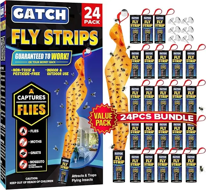 Fly Strips Sticky Ribbons, Fly Trap Indoor Catcher for Flies Gnats, Sticky Hanging Trap, Flying Insect Trap for Indoors and Outdoors - 24pk