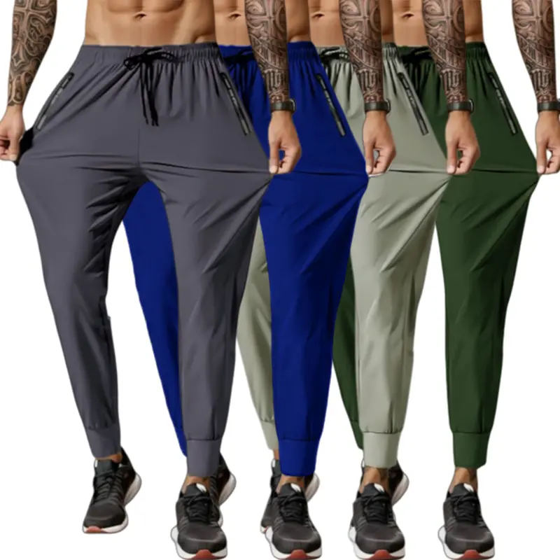 Men's 4-Piece Ice Silk Sports Pants - All Seasons, Elastic Drawstring, High-Elastic Quick-Dry Skin-Friendly Fabric, Zippered Pockets, Thin Smooth Soft Trousers for Indoor & Outdoor Fitness, Four-Pieces