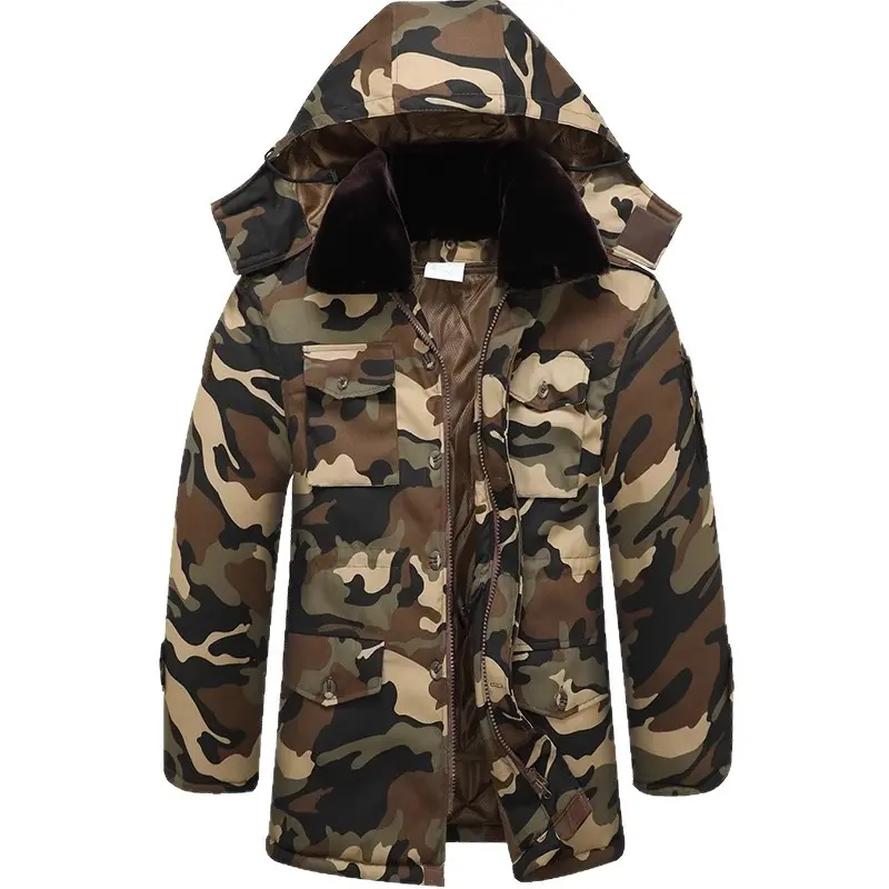 Men's Camouflage Military Thermal Parka Jackets - Long Sleeve, Double-Layer Insulated, Thick Warm Cotton Windproof Shell, Utility Cargo Style, Breathable, Zipped Pockets, Fade-Resistant Cold Weather Labor Protection Outdoor Workwear, Menswear, Coats