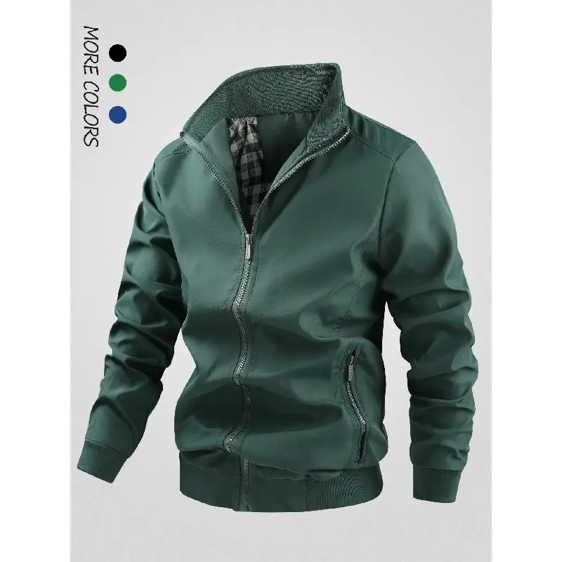 Men's Solid Pocket Zipper Funnel Neck Jacket, Regular Fit Casual Long Sleeve Zip Up Outerwear for Fall & Winter, Men's Clothes for Daily Wear, Coats