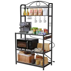 Bakers Rack for Kitchen, 33-inch Wide Coffee Bar Station with Power Outlet, 5 Tier Microwave Stand Storage Shelf with S-Shaped Hooks, Metal Frame with Coloured Glass Tabletop