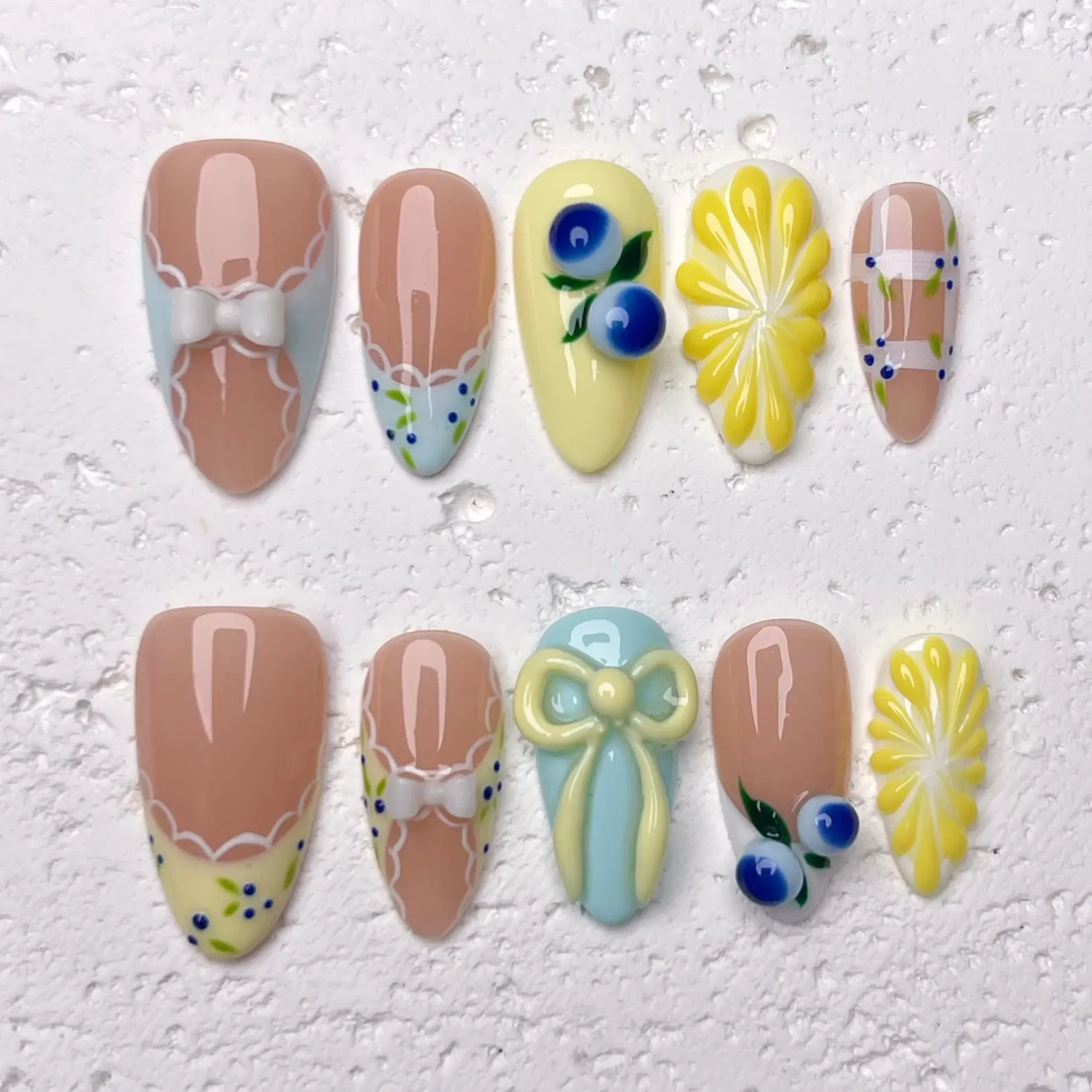 [Lemon] Medium Almond Handmade Press on Nails, Fake Nails with Nail tool kit with Jelly Stickers, Reusable, Durable
