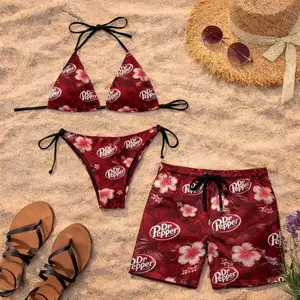 Matching DrPp Red Floral Swimsuits for Couples -Swim Bra & Tie Side String Bikini + Men's Beach Shorts, Summer Vacation Swimsuit, Hawaiian Shirt Style, Aloha Beach Outfit, Casual Holiday Bathing Suits, Menswear & Womenswea