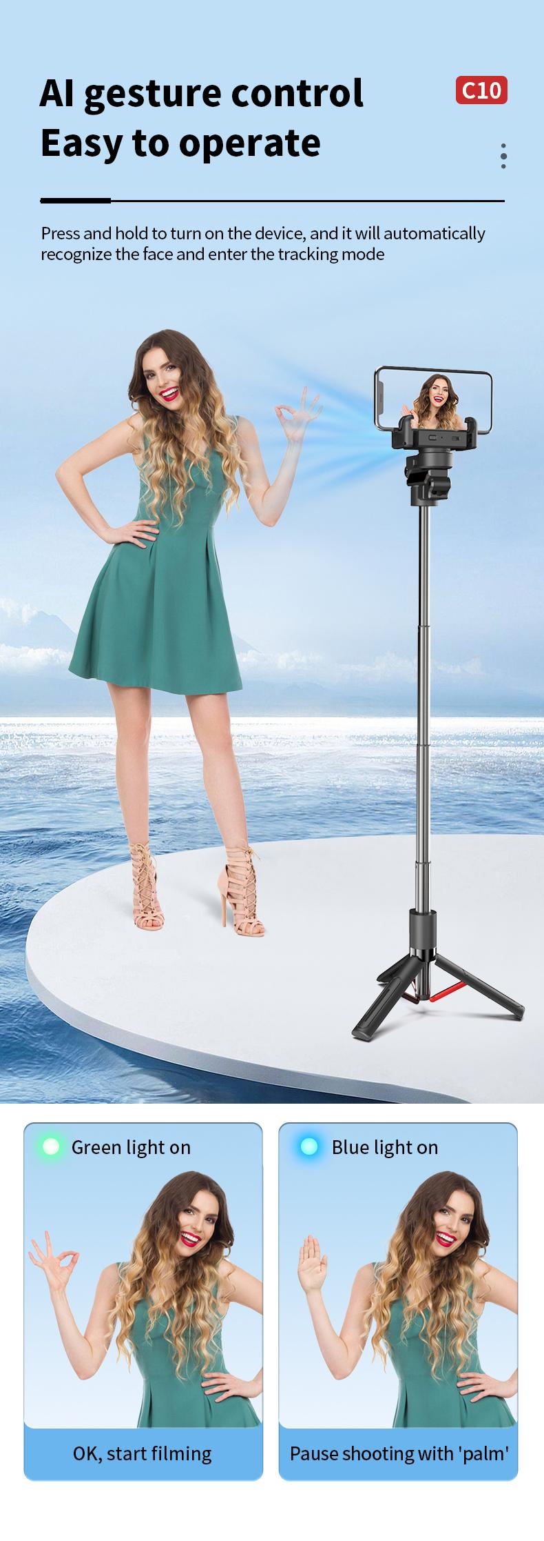 AI Auto Tracking Gimbal Stabilizer, Smart Selfie Stick Tripod with Gesture Control, Anti-Shake Phone Mount, 1000mAh Battery, Aluminum Alloy Vlogging Stand for iPhone & Android