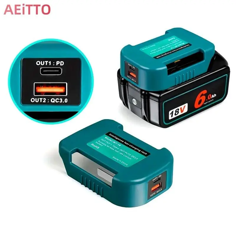 Portable PD Fast Charging Adapter for Makita 18V LXT Li-ion Batteries BL1850 BL1860, USB & Type-C PD Power Delivery Output, Dual Ports, Convert Makita Power Tool Battery to Outdoor Emergency Power Bank for Jobsite Camping, Adapter Only Without Battery