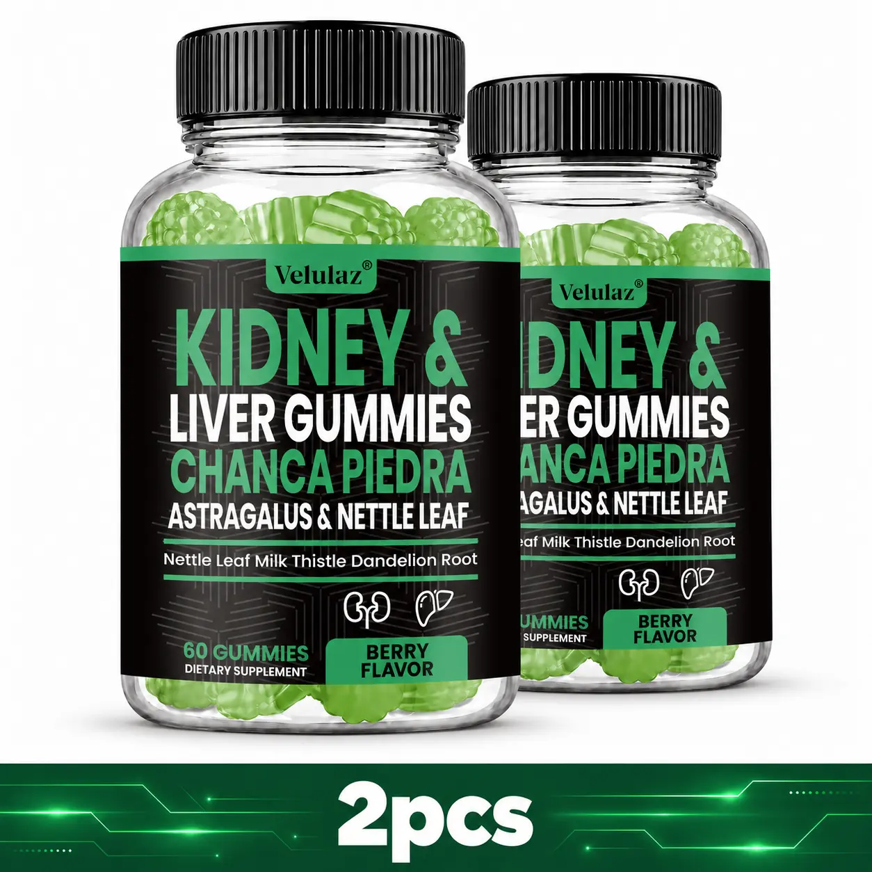 Pectin-Based Berry Flavor Gummies - Easy-to-Take Herbal Supplement with Nettle Leaf, Dandelion Root & Horsetail for Kidney Cleanse, Liver Support & Lymphatic Health, 2 Bottles
