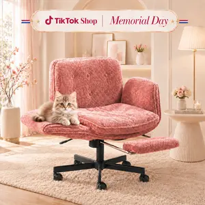 Upgraded Wide Seat Criss Cross Chair with Wheels Footrest – Chenille Cross Legged Office Pet Chair, 5-Level Folding Armrests, Adjustable Swivel Vanity Chair for Home & Bedroom Work from Home Chair ergonomic