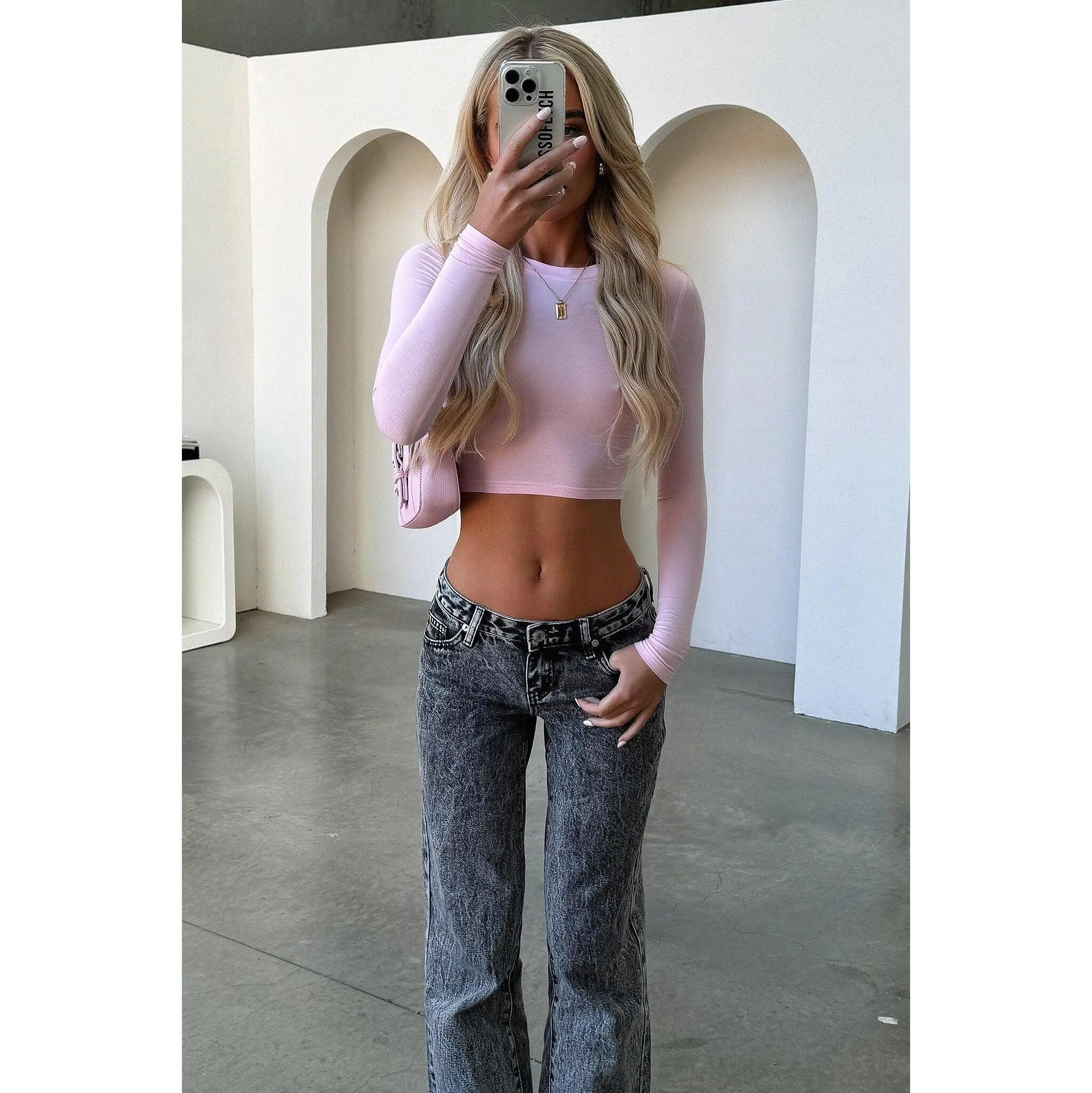 Thats So Fetch Amos Baby Tee, a Comfy Long Sleeve Basic Top for Women in Soft Rayon with a Body-Hugging Fit - Pink, Tshirt, Longsleeves
