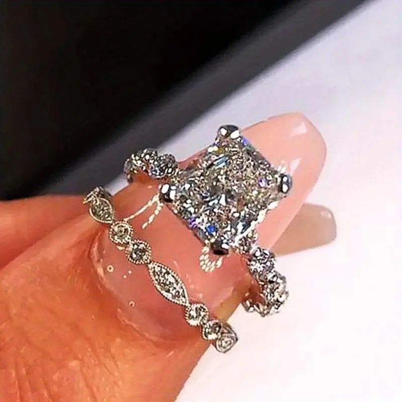 Women's 2-Pc Vintage Princess Cut Artificial Gemstone Ring Stack, Ornate Lace Layered Band Set, Bling Eternity Band Wedding Bridal Ring Set for Proposals, Anniversary Couples Gifts