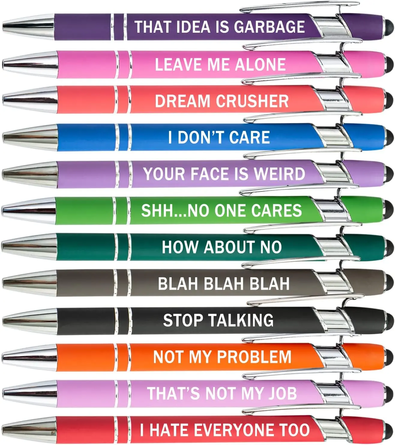 12-Piece Funny Sarcastic Multicolor Ballpoint Gift Pens - Office Snarky Touch Screen Stylus Pens with Black Ink (Negative Design), Gift Pen, Multicolor Pen