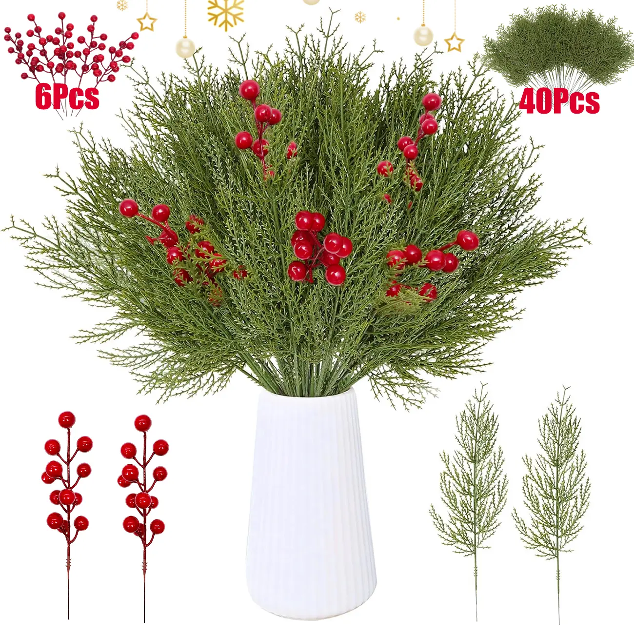 46 PCS Artificial Pine Branches Christmas Faux Pine Greenery Stems Red Holly Berries Fake Cedar Pine Needles Picks for Christmas Tree Wreath Garland DIY Crafts Holiday Home Decoration