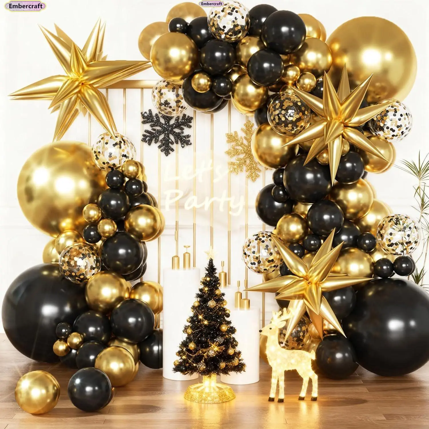 Black and Gold Luxury Balloon Arch Kit - Metallic Star Print Latex Garland, Uninflated Assorted Pack with Metallic Shine, Easy to Use for Birthday Decor, Adult Supervision Recommended, Christmas Party Backdrop Setup