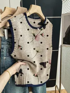 Women's Casual Loose-Fitting Round Neck Sleeveless Soft Knit Top, Deep Blue Colorblock Polka Dot Butterfly Floral Print, Fall