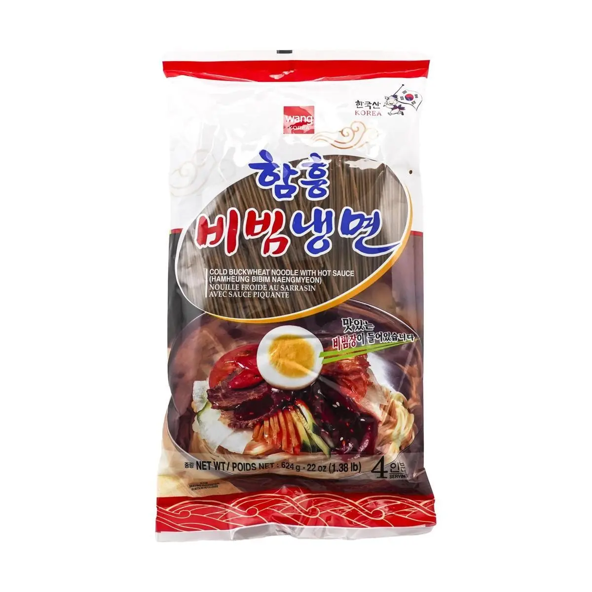 WANG FOOD Korean Cold Noodles - Spicy Buckwheat Noodles (Naengmyeon) with Seasoning Pack, 4 Servings, 624g