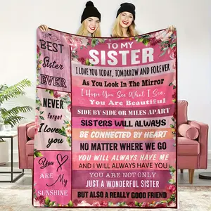 Personalized Flannel Blanket for Sister - Pink Floral Love Letter Print, Multi-Size, Plush Texture, Soft Cozy Warm Throw, Bedroom Sofa Decor, Ideal Birthday Christmas Gift for Women