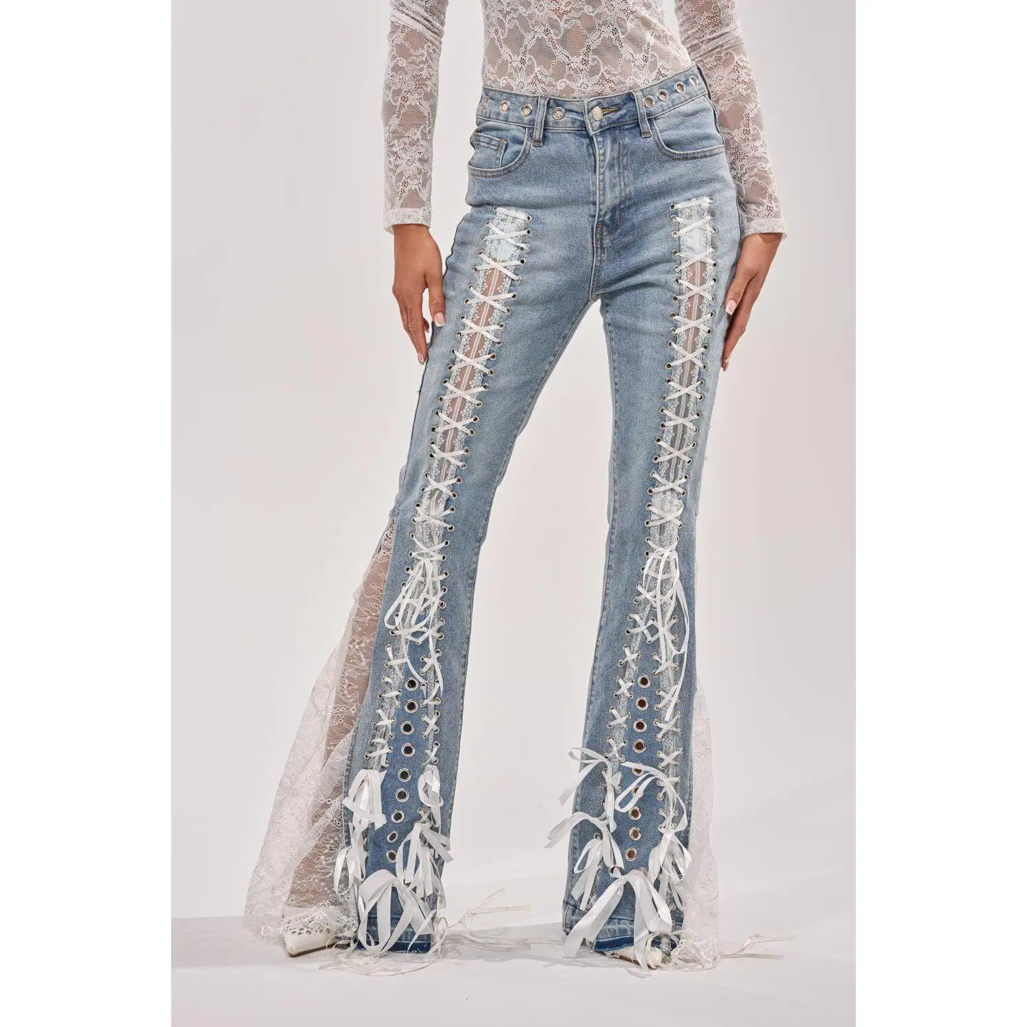 LOVE ME LIKE THAT LACE UP FLARE DENIM