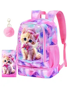 Girls 2pcs Cute Cat Backpack Set, Kids School Bookbag with Pencil Case & Pompom Charm, Preppy Style, Elementary Student Backpack