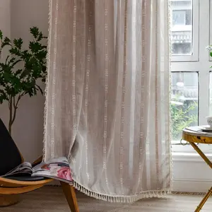 Boho Semi Blackout 63 84 96 Inches Length 2 Panels Set Farmhouse Window Curtains with Tassels, Striped Embroidered Rustic Cotton Linen Long Bohemian Curtain Drapes for Living Room, Bedroom