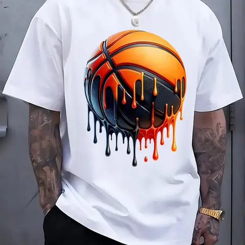 Men's 100% Pure Cotton Short-Sleeve Crewneck Tshirt - Soft Traditional Classic Sports Top with Bold Melting Drip Court Print, Breathable Machine-Washable, Street Style Apparel