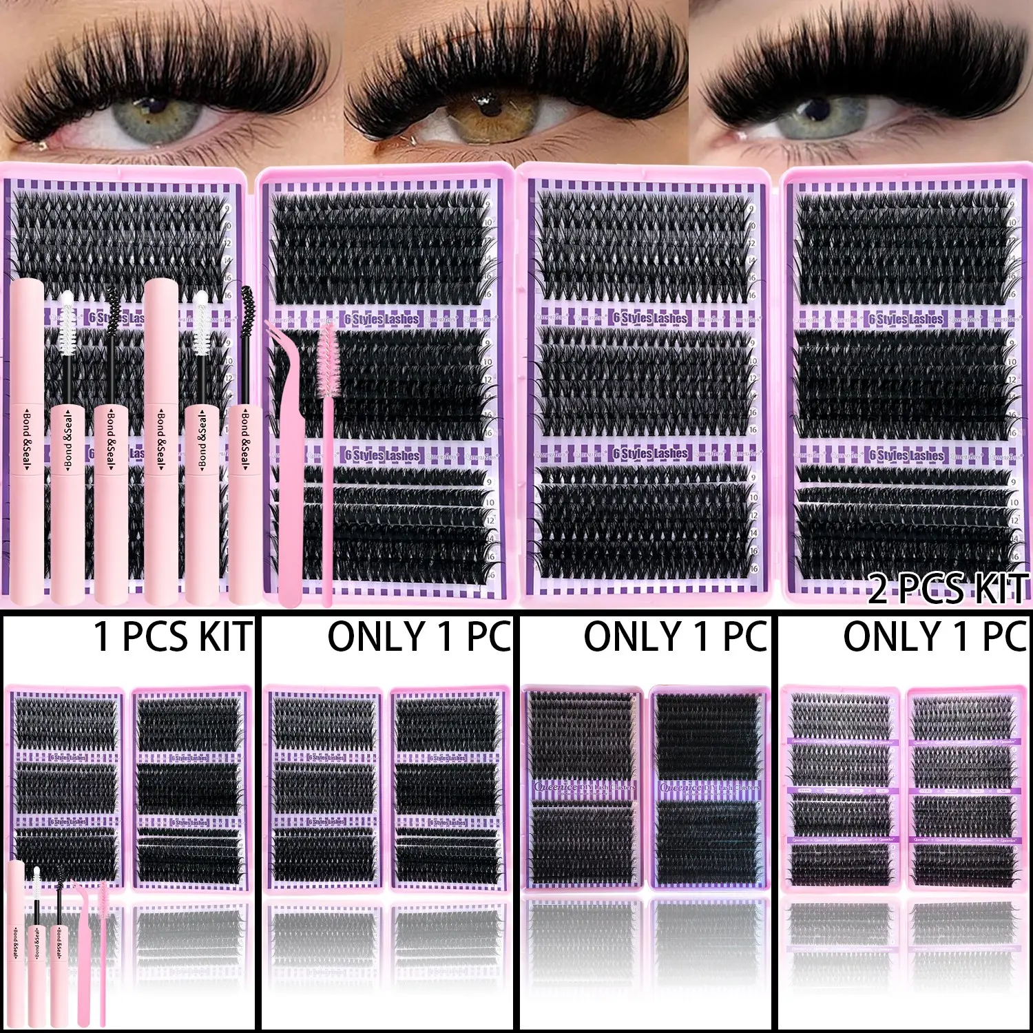 6 Styles Capacity DIY Lash Extension Kit Volume Individual Lashes, Lengthening Volumizing Lashes 30D 40D 50D 60D Mixed Length Individual Lash Clusters False Eyelashes with Lash Bond and Seal Tweezers Brush DIY Eyelash Extensions