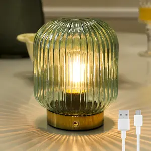 MJ PREMIER Rechargeable Lamp, Green Glass Lamp with Memory Function, Cordless LED Lamp with Dimmable Brightness, Decorative Touch Lamps for Bedroom Living Room
