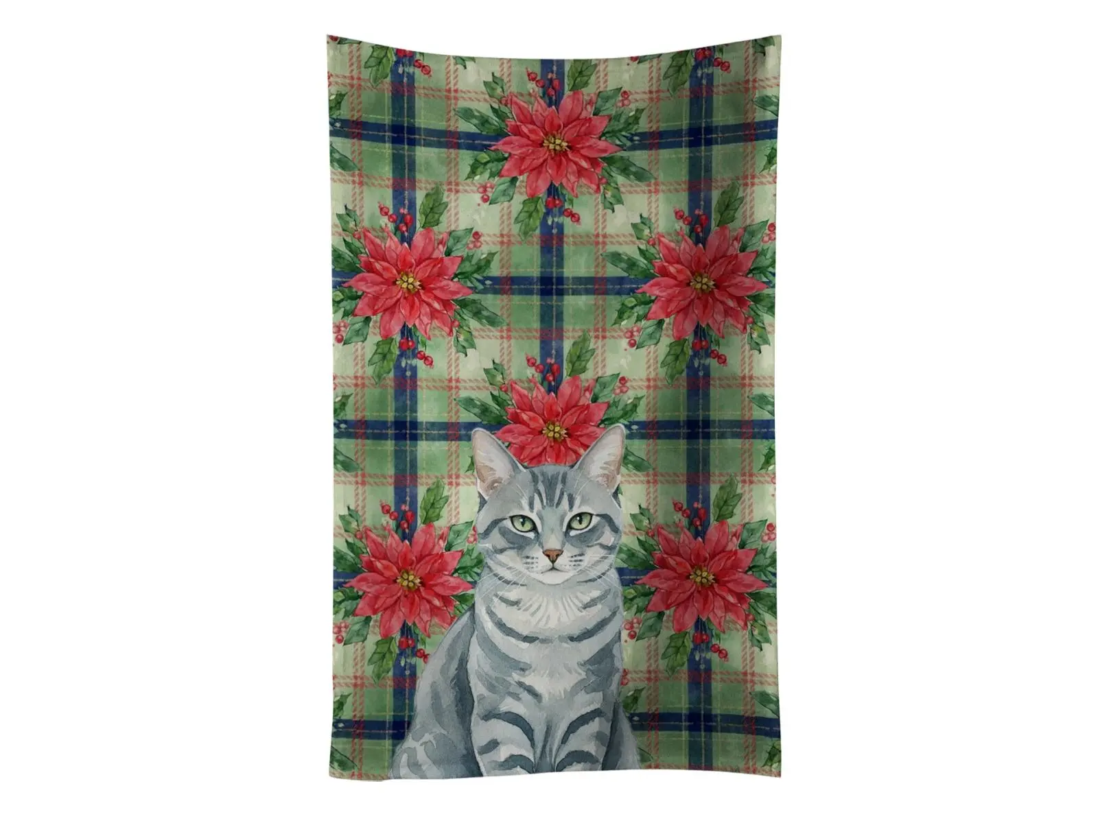 Carolines Treasures FNT1299KTWL Cotton Kitchen Drying Towel - 25x15 in, Cozy Christmas Artwork, Gray Mackerel Tabby Cat & Poinsettia Flower, Ideal Holiday Gift