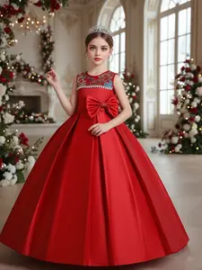 Elegant Long Dress for Girls, Traditional Embroidered Floral Design, Perfect for Christmas Parties, Piano Performances & Weddings, Princess Seraphina Dress
