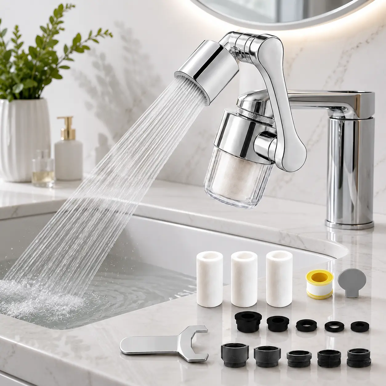 Stainless Steel Rotating Faucet Extender with Replaceable Particle Filter, Multi-Joint 3D Swivel Aerator, Dual Mode Water Spray, Adjustable Sink Attachment for Home Use Kitchen & Bathroom Sinks (Single Unit)