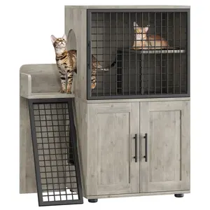 Cat Litter Box Enclosure with Platform, Double Layer Hidden Litter Boxes Furniture, Cat House with Ladder, 33.5" l x 17.9" w