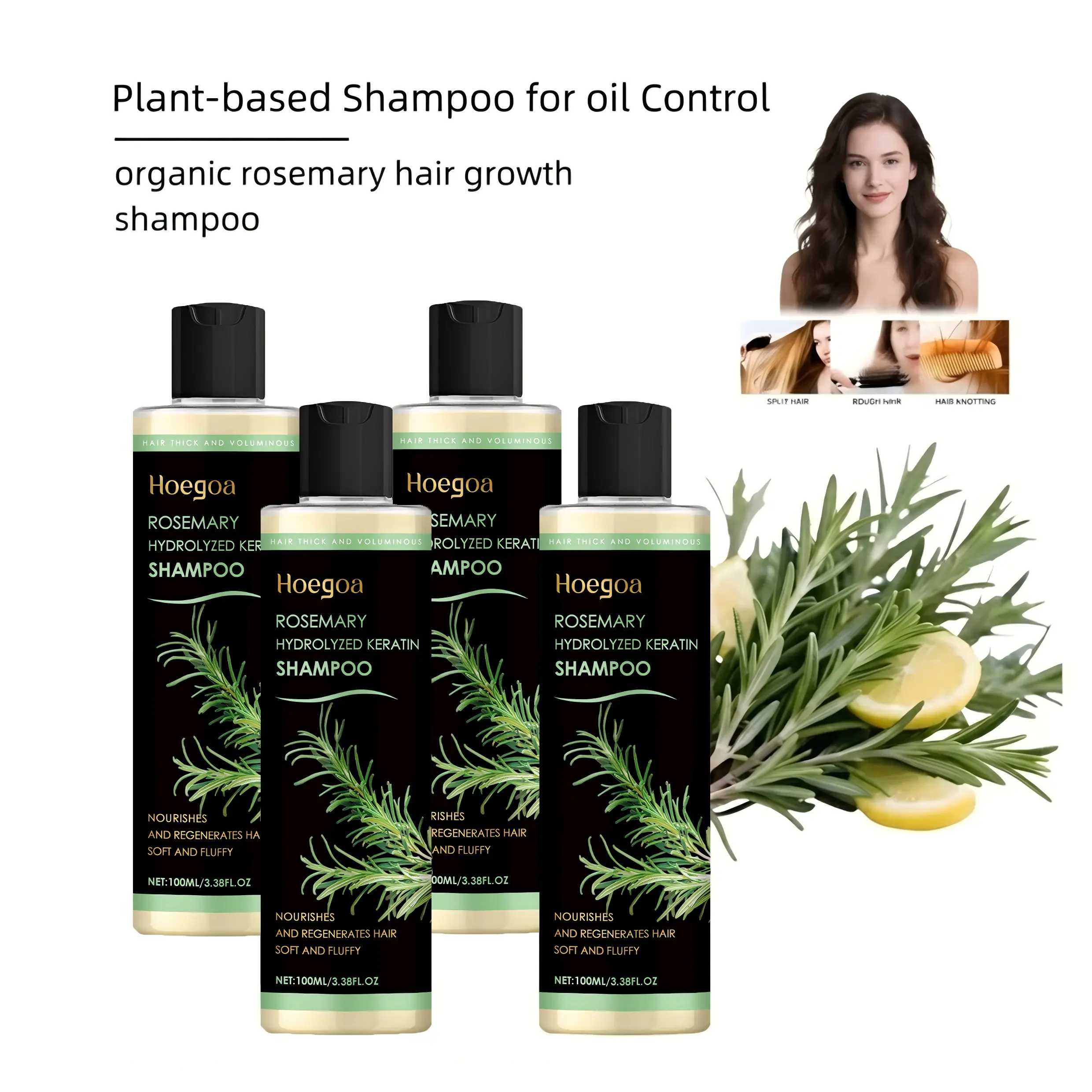 Hoegoa 4 Pack Rosemary Hydrolyzed Keratin Shampoo| natural rosemary | Plant-based Shampoo for Oil Control | Nourishment | Moisturization| Repair | Haircare rosmary |nourish，adios frizz，shanpoo Conditioning Hydrate Shine Nourishing | hair growth products