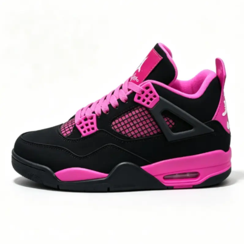 Black suede upper hot pink mesh panels pink rubber midsole vented plastic accents lace-up high top sneakers cushioned air unit street casual kicks