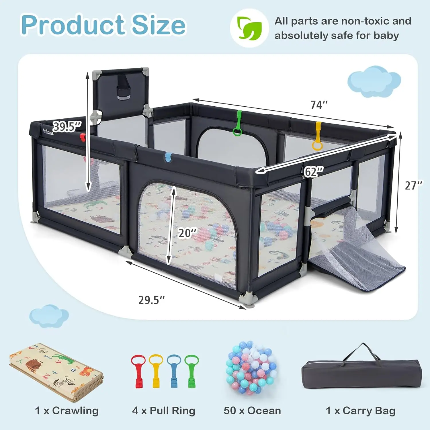 Black - 74” x 62” x 27”(L x W x H) 