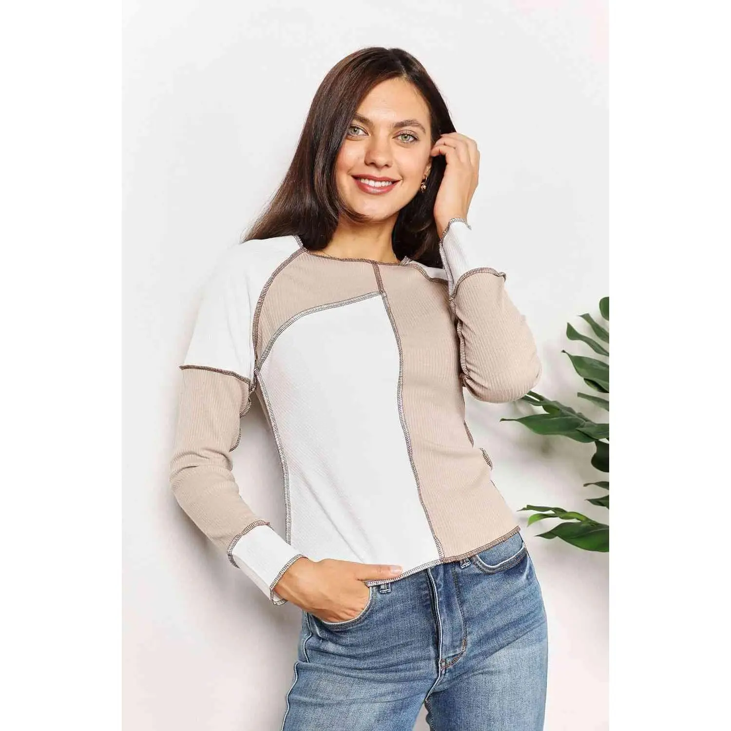 Double Take Color Block Exposed Seam Top Sleeve Womenswear