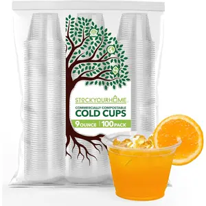 9 oz Clear Commercially Compostable Cold Cups (100 Pack)-PLA Disposable Party Cups for Water, Wine & Beer