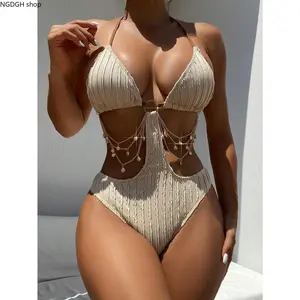 Women's Neck Chain Beach Holiday Swimwear Monokini Summer, Cutout Two-Piece with Gold Chains, Perfect for Beach Vacations and Resort Wear