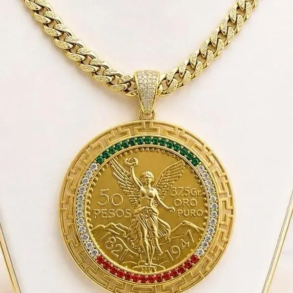 14K Gold Plated Mexican Flag 50 Pesos Centenario Pendant Upgraded Cuban Chain 24-Inch Fashion Chain Unisex Jewelry Necklace Stack