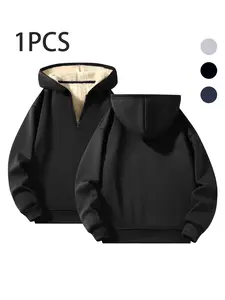 Men's Solid Color Half-Zip Hooded Sweatshirt, Thickened Fleece Pullover, Casual Long Sleeve Hoodie for Fall & Winter, Casual Fashion Sweatshirt