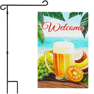 G128 Combo Pack: Garden Flag Stand 36x16IN & Garden Flag Welcome Beach Drink Printed 12x18IN Double Sided