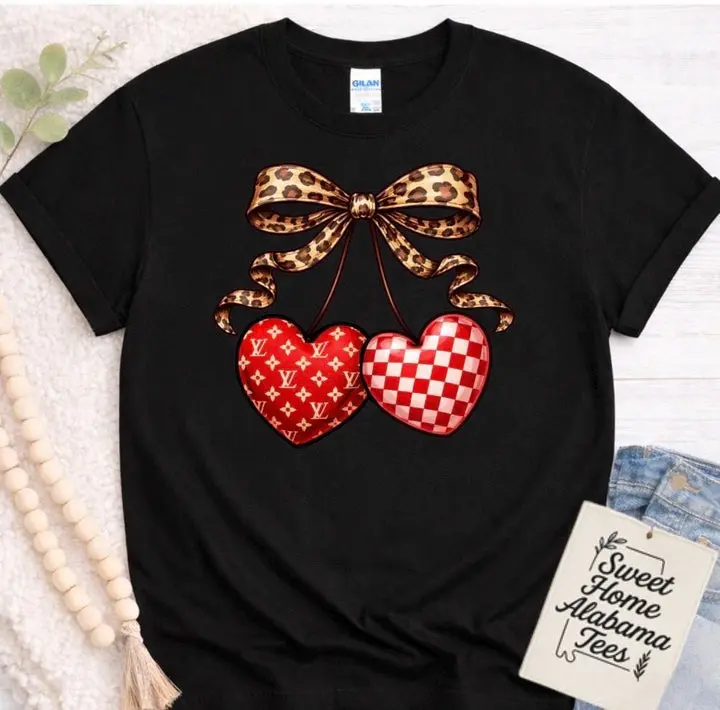 Valentine Leopard Bow Heart Tee | Trendy Valentine Shirt | Designer Inspired Hearts T-Shirt | Cute Valentines Day Outfit Cotton Dress Girly Comfy Black Denim Glam Fitted Chic Womenswear