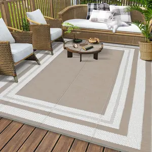 【GARVEE】Outdoor Rug 8x10 Area Rugs for Patio Waterproof Plastic Straw Rug Reversible Patio Rugs RV Camping Outdoor Carpet for Porch Patio Outside RV Deck Balcony Picnic Beach Decor Border-Coffee
