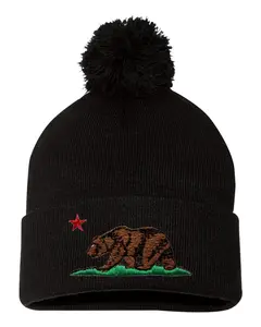 California Republic Bear Embroidered Knit Beanie Pom Cap