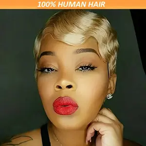 2025 NEW Wholesale Elegant 613 Blonde Pixie Cut Wig for Women - Brazilian Human Hair, Deep Curly Ocean Wave Style, Glueless & Machine Made, Non-Lace Cap, 180% Density