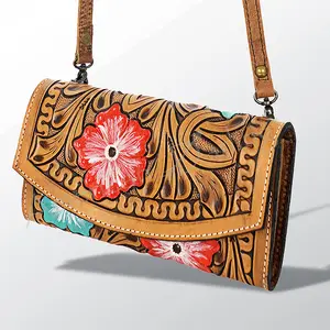 American Darling Wallet Bag Hand Tooled Genuine Vegetable Tanned Leather Hair-On Cowhide Crossbody Purse with YKK Zipper
